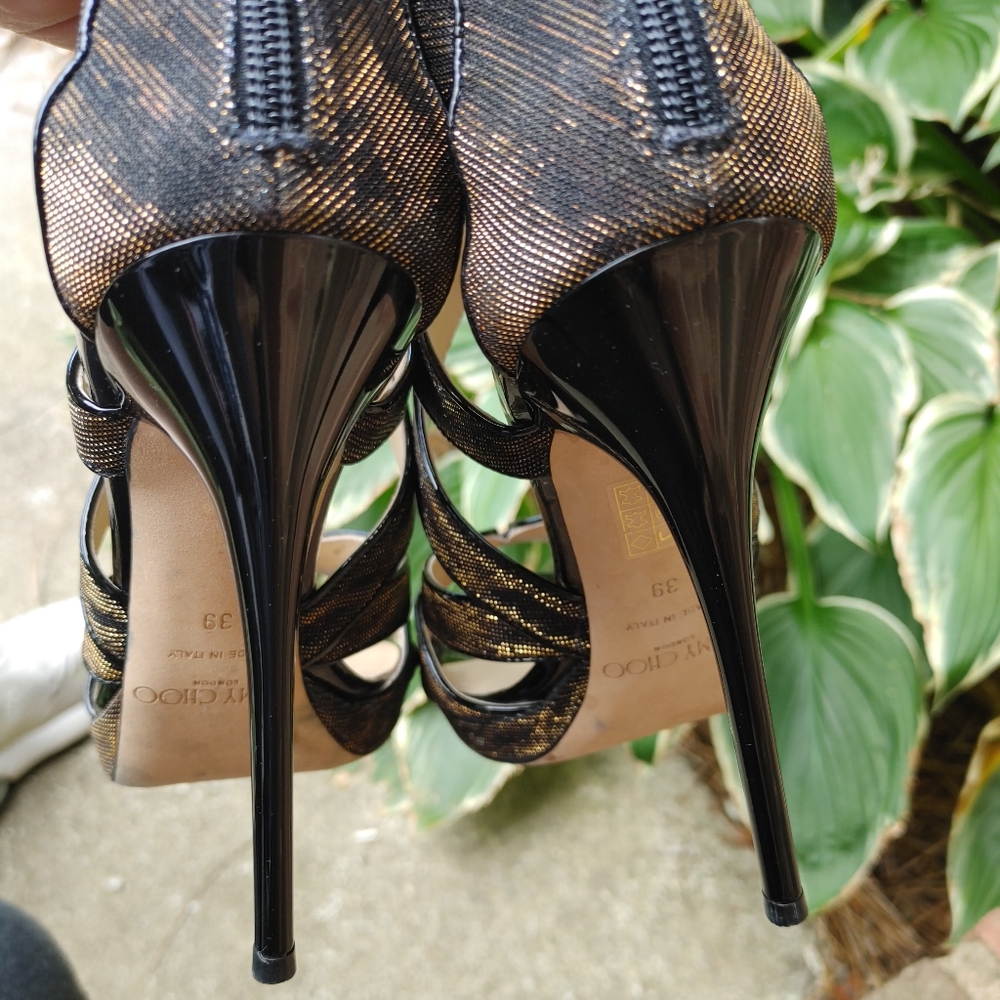 JIMMY CHOO 142 "COLLAR" ZEBRA LAME GLITTER SANDAL, BLACK/AMBER 39 - Picture 12 of 16